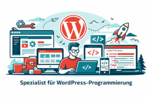 Illustration eines Webdesigners, der WordPress-Websites programmiert. Zeigt Laptop, Desktop, Smartphone und Code-Symbole. Darstellung für WordPress-Programmierung in Berlin und deutschlandweit.