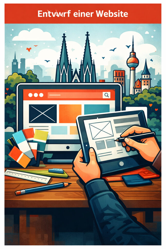Illustration zum Entwurf einer Website mit Wireframes, Layout-Skizzen und Designplanung durch einen professionellen Webdesigner.