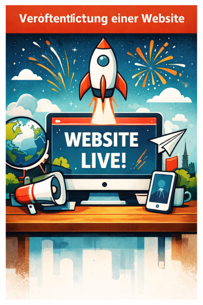 Grafische Darstellung der Veröffentlichung einer Website mit Live-Schaltung und Launch-Symbolik für Unternehmen und Selbstständige.