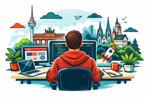 Illustration eines Webdesigners bei der Arbeit: kreative Webentwicklung, modernes Design und professionelle Umsetzung für erfolgreiche Websites.