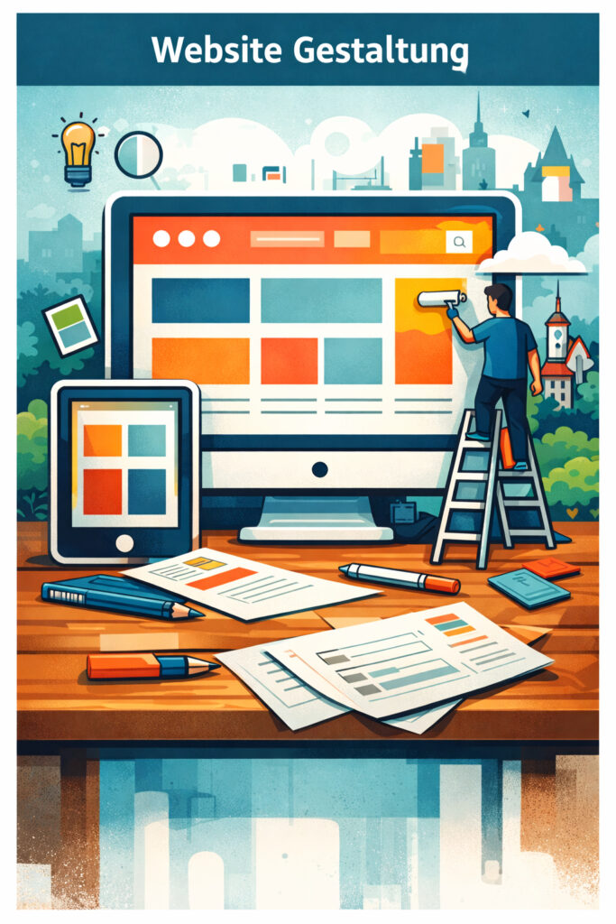 Illustration zur Website Gestaltung mit Fokus auf modernes Design, Farbkonzepte und benutzerfreundliche Layouts.