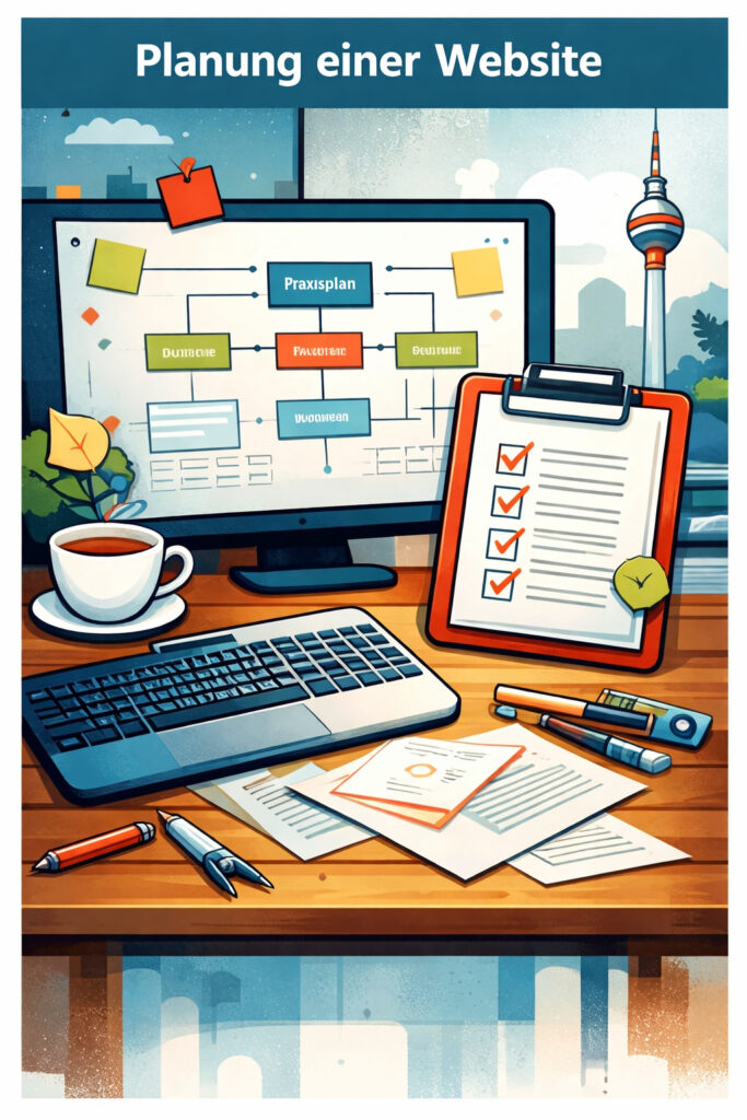 Arbeitsplatz mit Laptop, Skizzen, Notizen und Diagrammen, die die Planung und Gestaltung einer Website darstellen.