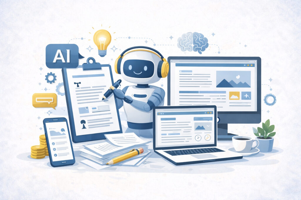 Illustration zur KI-gestützten Website Text Content Erstellung mit digitalen Geräten und Kreativsymbolen