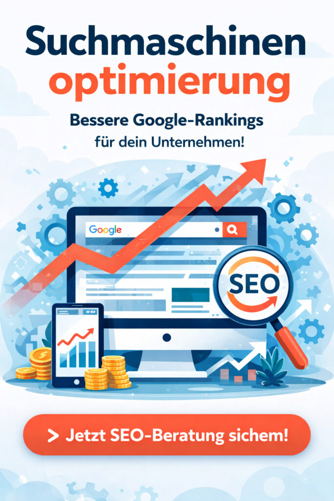 Illustration zur Suchmaschinenoptimierung mit steigender Ranking-Grafik, SEO-Symbol, Google-Suchanzeige und Call-to-Action für professionelle SEO-Beratung.