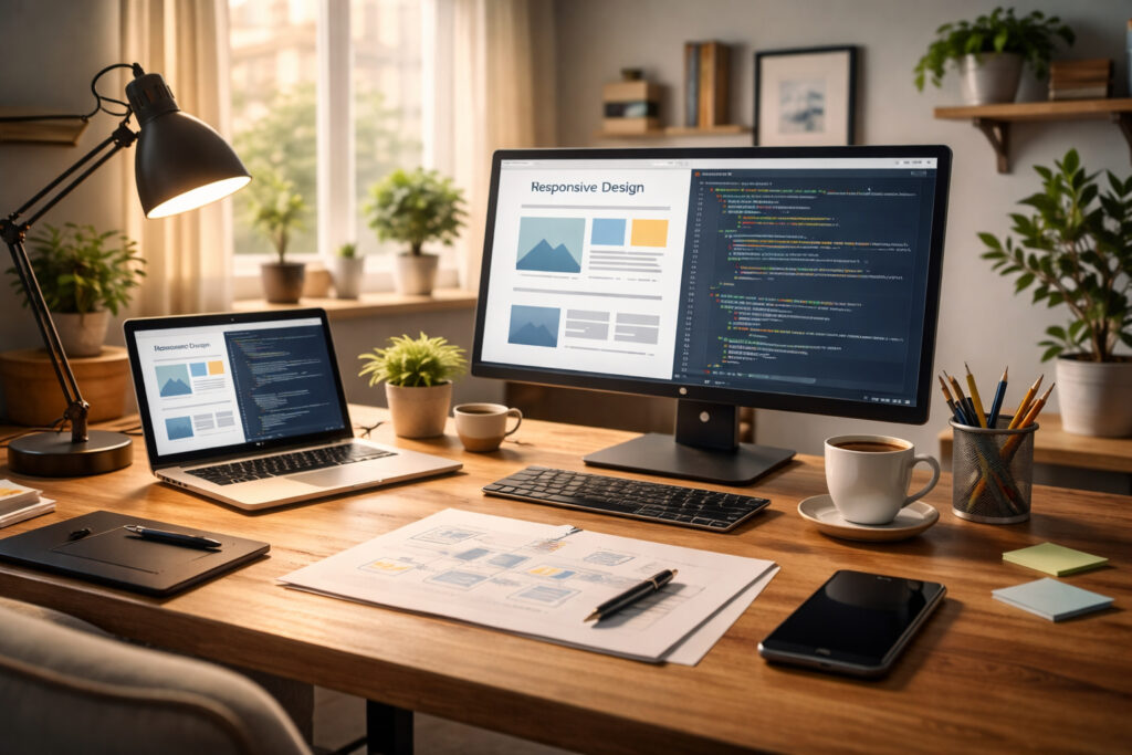 Gemütliches Homeoffice mit Laptop und Monitor zur Website Erstellung, moderner Arbeitsplatz eines Webdesign Freelancers ohne Personen