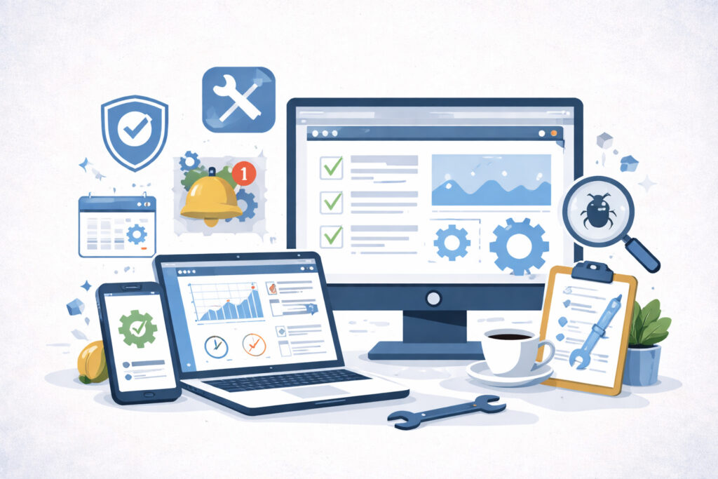 Moderne Illustration zur Website Pflege und Wartung mit Computer, Checklisten und Wartungssymbolen in blauem Design