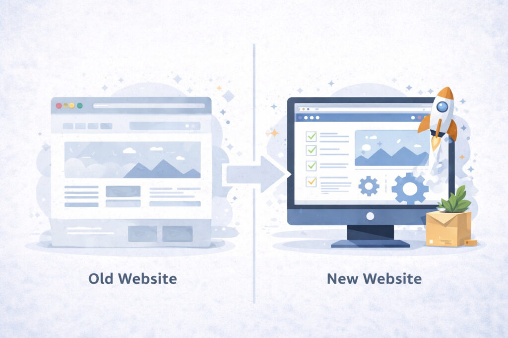 Illustration eines Website-Relaunchs mit zwei gegenübergestellten Bildschirmen: links eine alte, schlichte Website, rechts eine moderne, überarbeitete Version mit klarer Struktur und Symbolen für Verbesserung und Neustart.