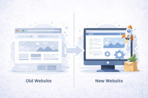 Illustration eines Website-Relaunchs mit zwei gegenübergestellten Bildschirmen: links eine alte, schlichte Website, rechts eine moderne, überarbeitete Version mit klarer Struktur und Symbolen für Verbesserung und Neustart.