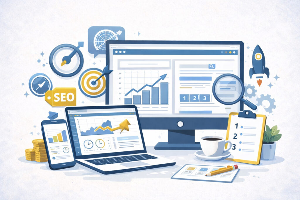 Grafik zur Website SEO Optimierung mit Monitor, Diagrammen und Suchsymbolen im modernen Flat Design